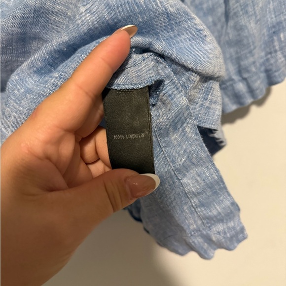 Lafayette 148 Beaded Linen Top Short  Sleeve Coastal V-neck Blouse Size 16 Blue - Picture 5 of 6